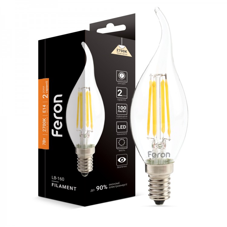Світлодіодна лампа Feron Filament LB-160 7Вт E14 2700K свічка на вітрі